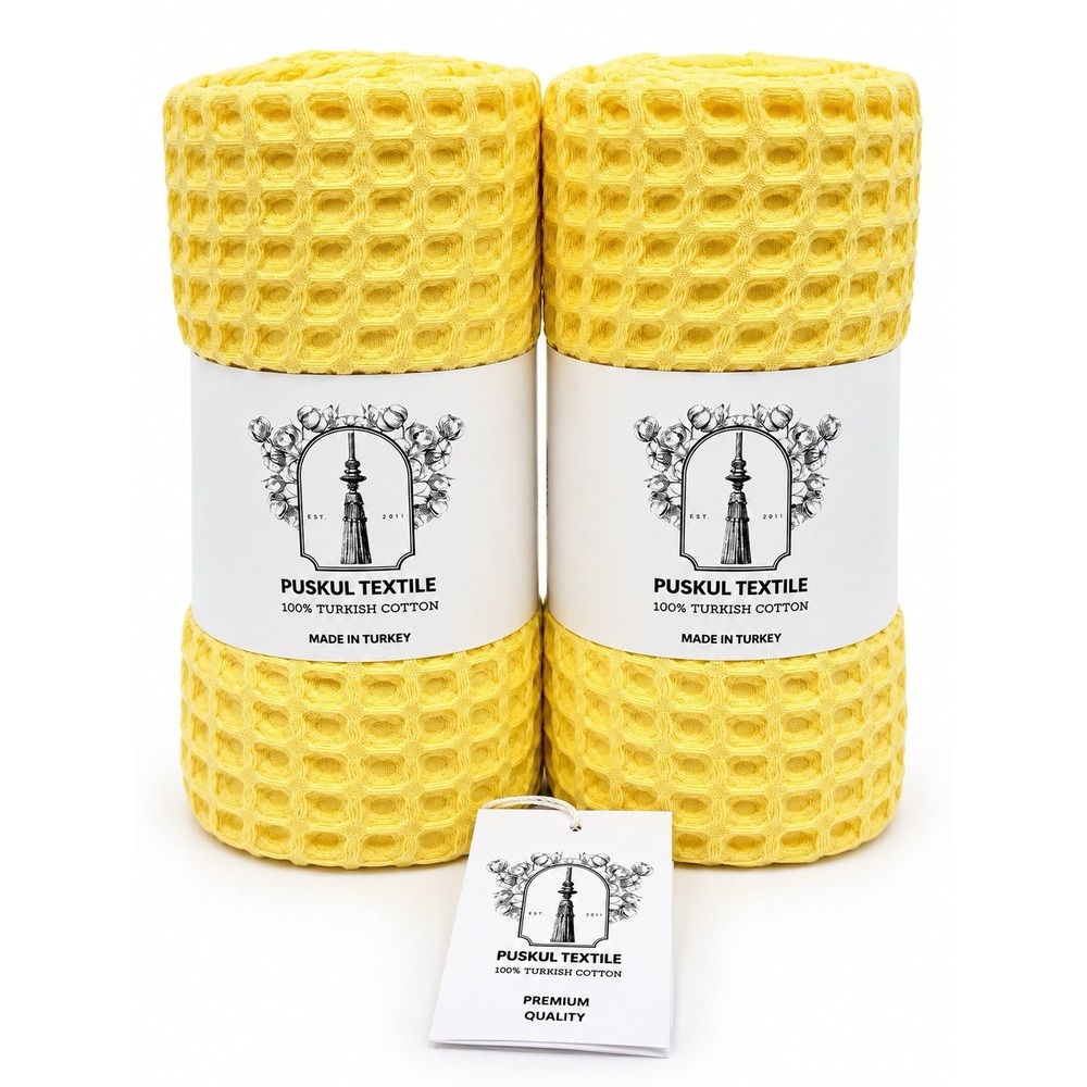 Puskul Textile 2 Pack Yellow Waffle Bath Towels 100% Turkish Cotton 32x63 NWT